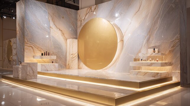 Elegant and Modern Exhibition Stand Featuring Marble Walls and a Gold Circular Accent, Ideal for Showcasing Luxury Products in a Stylish Environment