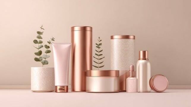 Elegant arrangement of cosmetic products in pastel colors with modern design elements and natural greenery, perfect for beauty and wellness branding concepts