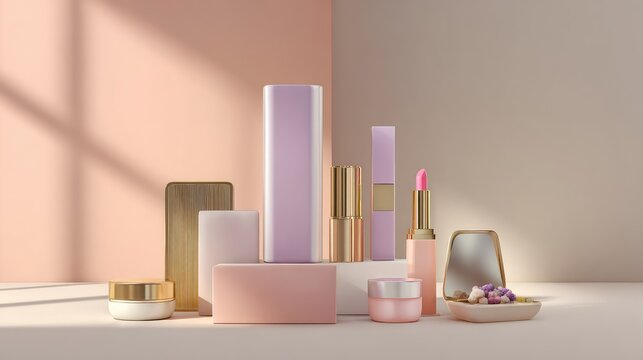 Elegant Arrangement of Skincare and Beauty Products on Beige and Pink Background with Natural Light Highlighting their Premium Quality and Design Aesthetics