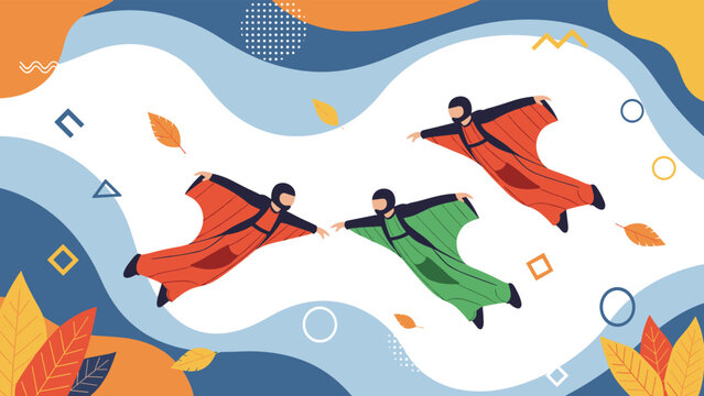 Three skydivers in wingsuits flying through an abstract blue sky with colorful geometric shapes and autumn leaves in the air.