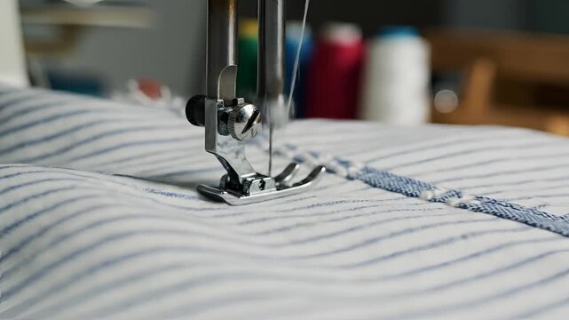 Closeup of sewing machine needle stitching a striped fabric with thread.