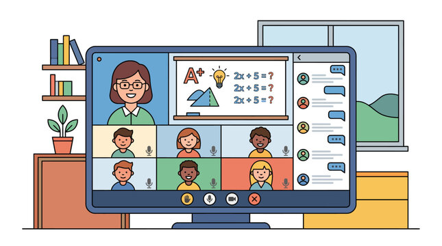 Online math class with teacher and students on computer screen