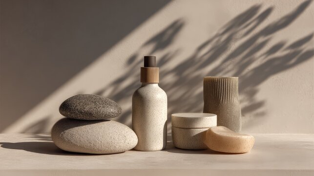 Aesthetic Collection of Natural Decor Arrangements Featuring Stones and Minimalist Containers on Soft Background with Shadow Play