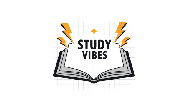 Energetic educational logo showing an open book with lightning bolts and the text study vibes to motivate students.