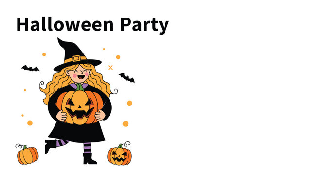 Cheerful girl in a witch costume dancing with a large jack o lantern pumpkin to celebrate Halloween at a festive party.