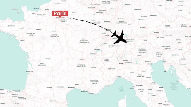 Animated plane traveling from Paris to Rome on a European map video