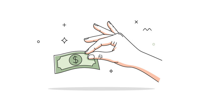 Human hand presenting single green dollar bill against plain background with decorative symbols to illustrate financial success and monetary value.