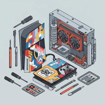 Disassembled computer hardware components and tools.