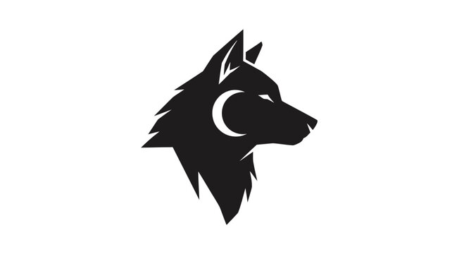 Black wolf head silhouette with crescent moon symbol on white background