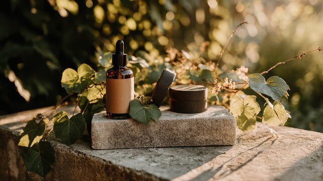 Elegant arrangement of natural skincare products, including a dropper bottle and a cream jar, surrounded by lush greenery, illuminated by golden sunlight for a serene atmosphere.