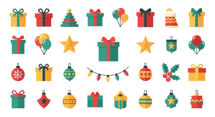 Fototapeta premium Christmas Gifts, Ornaments, Stars, Balloons & Lights Icons Collection