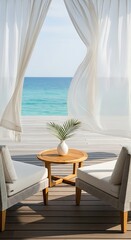 Fototapeta premium Serene tropical resort balcony with white sheer curtains overlooking turquoise ocean waters and wooden deck chairs for relaxation