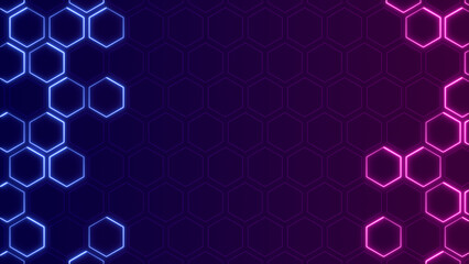 Fototapeta premium abstract neon lights blue pink hexa shapes ,glowing hexagone technology and science futuristic blank social media background