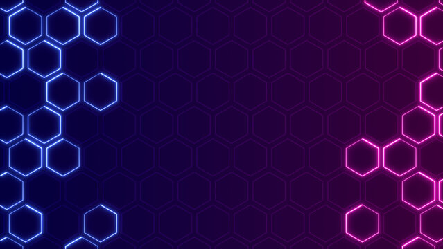 abstract neon lights blue pink hexa shapes ,glowing hexagone technology and science futuristic blank social media background
