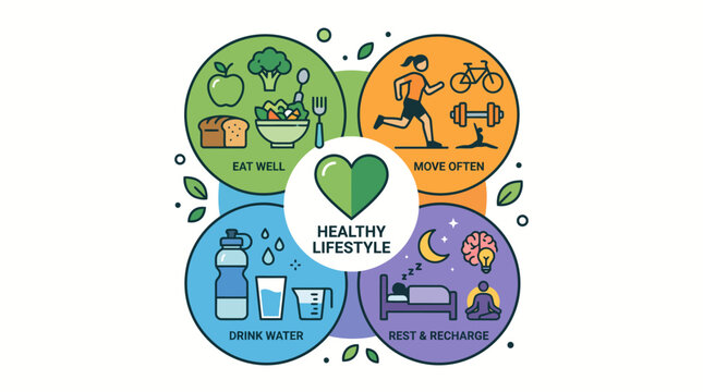 Healthy lifestyle infographic with eat well move often drink water rest and recharge