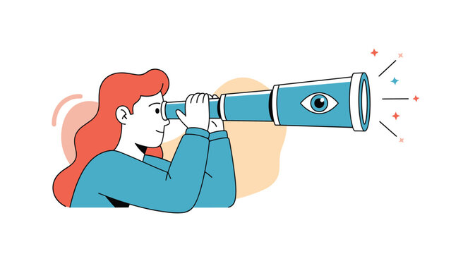 Visionary woman looks through a specialized blue telescope with an eye icon to find new professional opportunities.