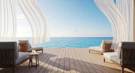 Fototapeta premium Luxurious tropical resort deck with lounge chairs overlooking turquoise ocean and clear blue sky, perfect for vacation and relaxation.