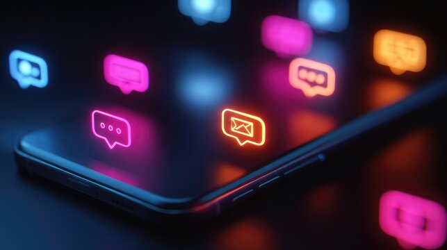 Vibrant Neon Communication Icons Displayed Above a Smartphone, Symbolizing Digital Connectivity, Messaging, and Modern Technology in a Dark Background