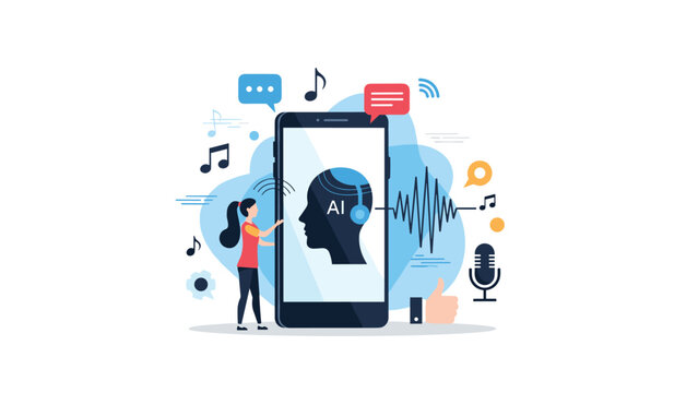 Young woman interacts with a large smartphone displaying an artificial intelligence head and audio frequency waves to show voice tech.