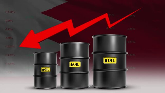 Oil price decline Bahrain economy concept with barrels and red arrow