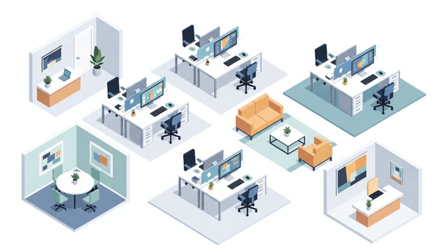 Isometric illustration of modern office spaces with various workstations and furniture isolated on white background.