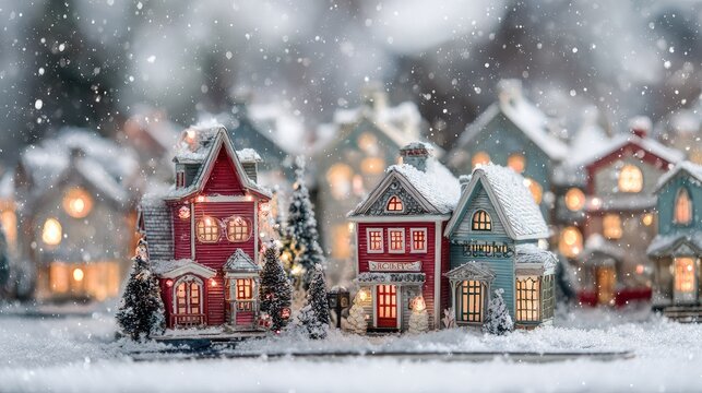 Enchanted Winter Village Scene With Snowy Landscape, Charming Colorful Houses, Warm Lights, and Gentle Snowfall Creating a Magical Holiday Atmosphere