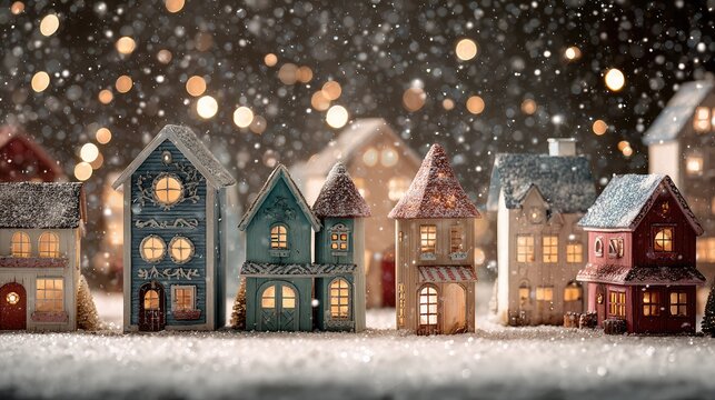 Charming Winter Scene of Miniature Colorful Houses with Snow and Soft Bokeh Background Creating a Magical Holiday Atmosphere Full of Joy and Warmth