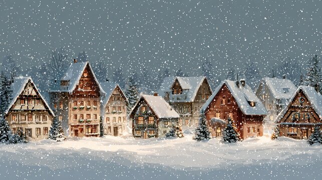 Charming winter village scene with snow-covered rooftops, twinkling lights, and a serene atmosphere, capturing the essence of a cozy holiday celebration in nature's beauty.