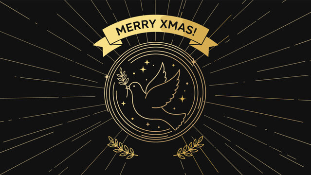 Elegant golden dove with olive branch symbol on black background with radiating lines for a peaceful merry christmas and happy holiday greeting.