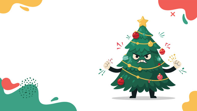 Funny and expressive angry christmas tree character with clenched fists and star on top isolated on a white background with colorful abstract blobs.