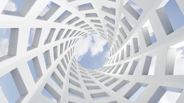 Spiral white building facade with geometric structure, blue sky opening, repeating window pattern, modern architecture design, rectangular openings