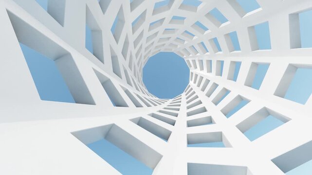 Spiral architecture tunnel with sky view white modern building facade and abstract tower spiral facade geometric pattern structure upward view open