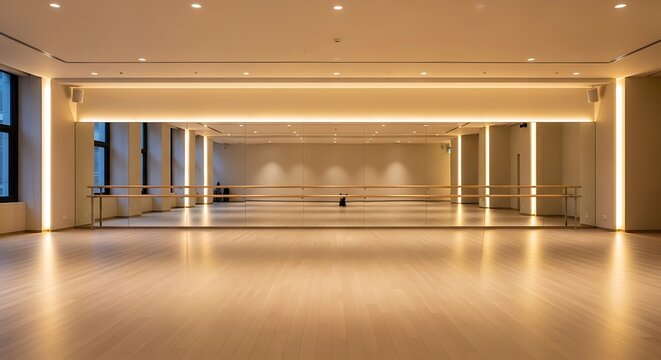 Modern dance studio with large mirrors and ballet barre, bright lighting, and wooden floor, perfect for fitness and performance