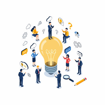 Isometric illustration of business people collaborating around a giant lightbulb, symbolizing innovation and teamwork.