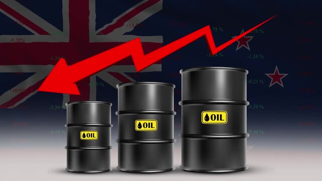 Oil price decline New Zealand economy concept with barrels and red arrow