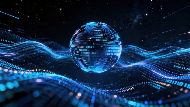 Digital globe with binary code and waves