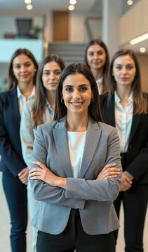 Group Of Five Women In To Office Environment Main Subject Positioned Centrally With Arms Crossed Exuding Confidence Shoulder Length Dark Hair Fair