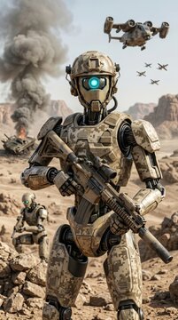 Camouflaged robot soldier with rifle desert battlefield airborne vehicles and smoke plumes