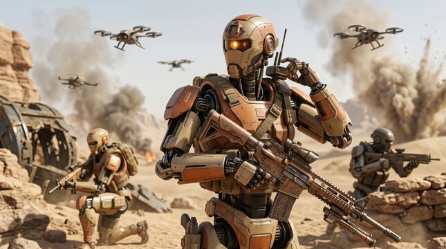 Robotic soldiers armed with rifles and drones operate in a desert combat zone amidst explosions and smoke