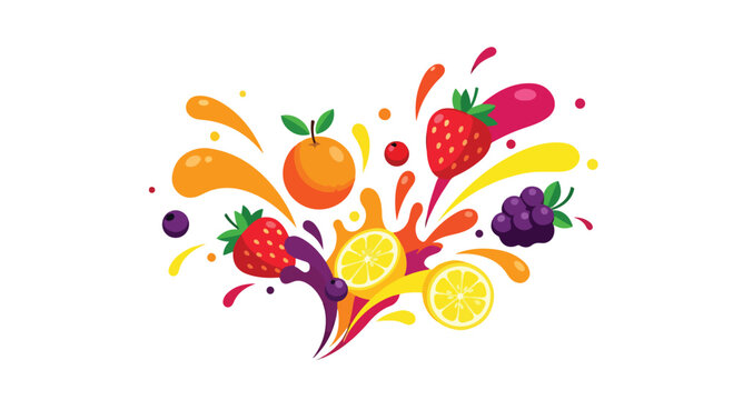 A colorful illustration of various fruits and juice splashes