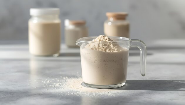 Protein powder in a glass measuring cup with jars in the background on a marble countertop, healthy supplement and nutrition concept