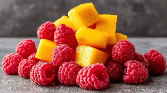 Freshly cut mango cubes and raspberries arranged together.