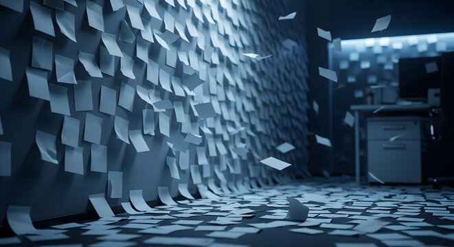 Wall and Floor Covered in Blank White Sticky Notes in Office