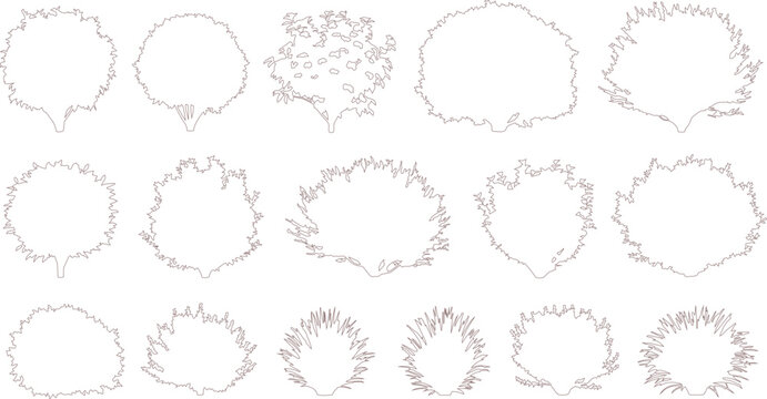 Minimalist tree crown outlines, 17 hand drawn foliage silhouettes, architectural landscape plan symbols, black and white vector sketch set