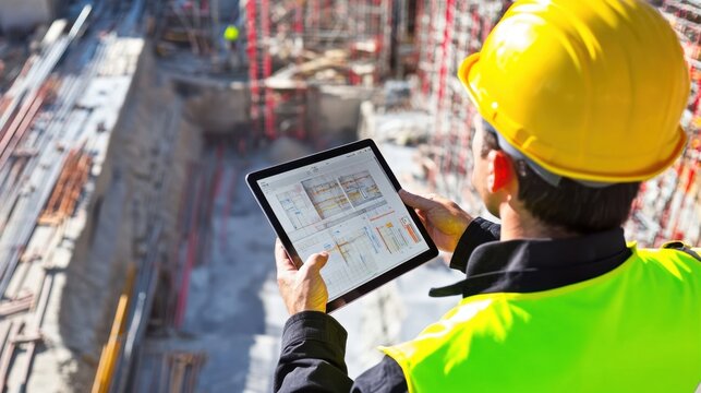 Contractor Uses Tablet for Project Management at Construction Site