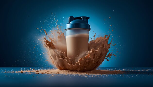 Protein shake bottle with dynamic splash of chocolate flavored liquid on blue background, fitness and nutrition concept with motion effect