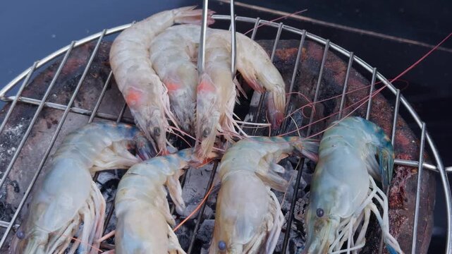 Raw Whole Prawns Placed on Charcoal Grill Ready for Grilling, Thai BBQ