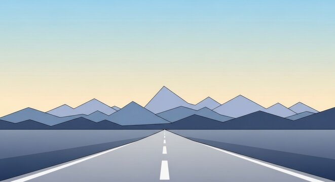 Empty two-lane highway leading to snow-capped mountain range at sunrise