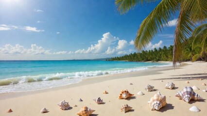 Obraz premium Seashells scattered across white sandy beach under palm trees