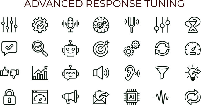 Advanced response tuning outline icon set featuring prompt optimization workflow feedback controls vector collection for dashboards interfaces presentations applications platforms